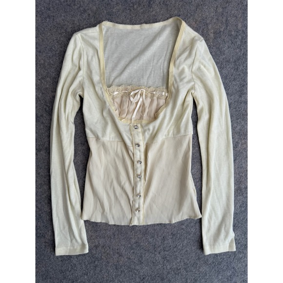Tops - Y2K Coquette Lace Trim Henley Style Top M Cream Balletcore Romantic Dainty Bow